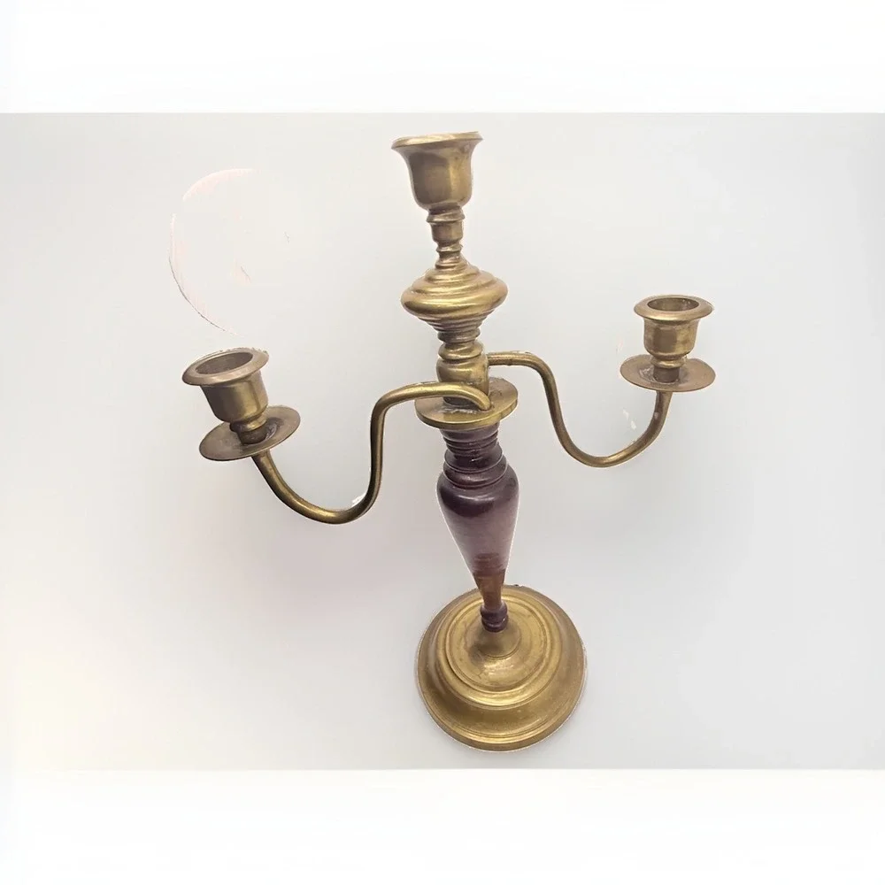 Vintage Brass Mahogany Wood 3 Arm Candelabra Dark Academia English Country